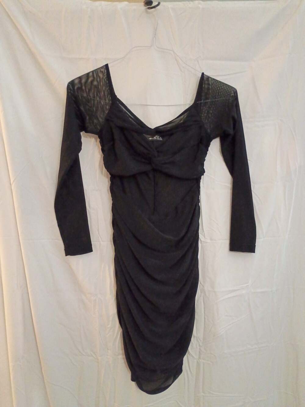 Just Quella Black Mesh Long Sleeve Ruched Bodycon Dress Size US 8-10